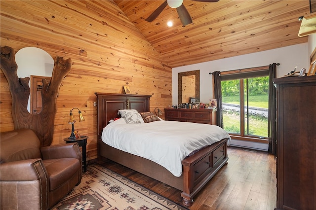 734 Post Rd, Franklin, NY 13775 - bedroom with wood ceiling, wood walls, hardwood / wood-style flooring, ceiling fan, and high vaulted ceiling