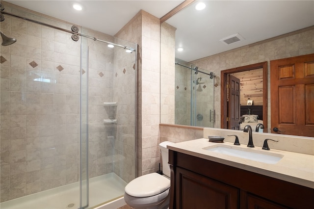 734 Post Rd, Franklin, NY 13775 - bathroom featuring a shower stall, vanity, recessed lighting, and tile walls