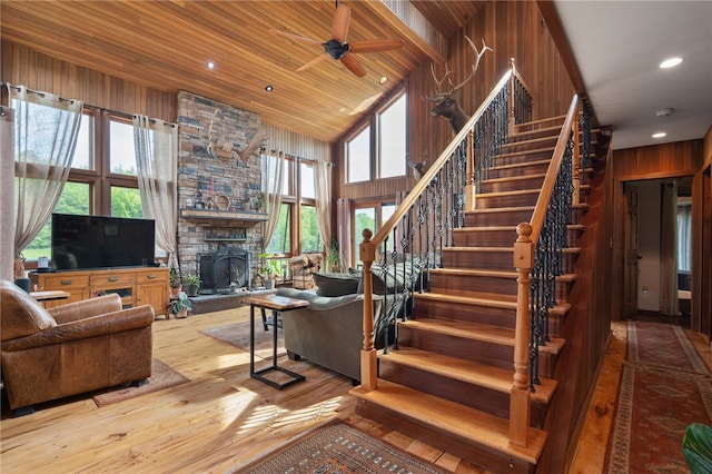 734 Post Rd, Franklin, NY 13775 - living room with stairs, hardwood / wood-style floors, ceiling fan, high vaulted ceiling, and recessed lighting