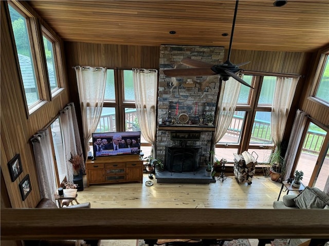 734 Post Rd, Franklin, NY 13775 - living area with wooden ceiling, ceiling fan, a fireplace, wood finished floors, and wood walls