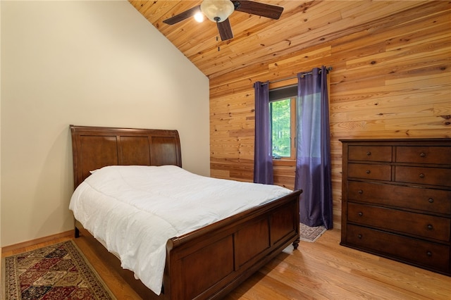 734 Post Rd, Franklin, NY 13775 - bedroom featuring lofted ceiling, light wood-style flooring, wooden walls, ceiling fan, and wood ceiling