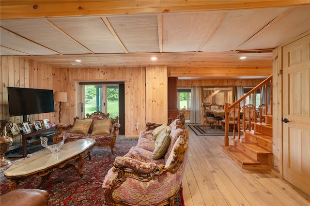 734 Post Rd, Franklin, NY 13775 - living area featuring wooden walls, stairs, recessed lighting, and light wood-type flooring