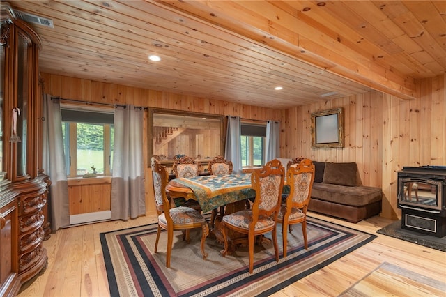 734 Post Rd, Franklin, NY 13775 - dining room with a wood stove, wooden walls, wood ceiling, healthy amount of natural light, and light wood-style flooring