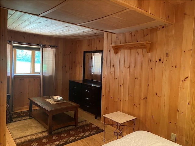 734 Post Rd, Franklin, NY 13775 - bedroom with wood walls, light wood-type flooring, and wooden ceiling