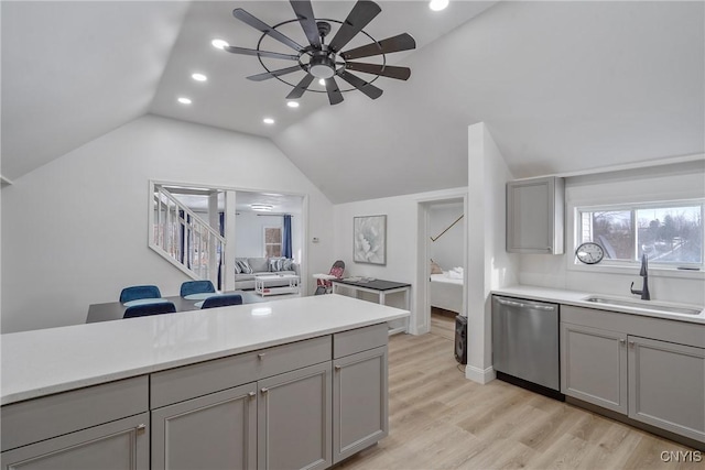 3564 Swartout Rd, Owasco, NY 13021 - kitchen featuring dishwasher, gray cabinetry, ceiling fan, vaulted ceiling, and light countertops