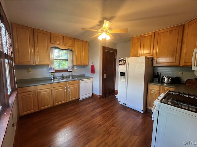 106 Mackay Ave, Camillus, NY 13219 - kitchen featuring white appliances, ceiling fan, dark wood-style flooring, and dark countertops