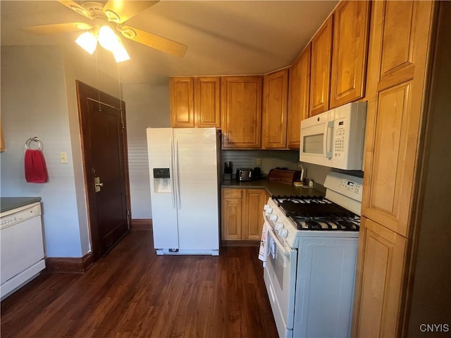 106 Mackay Ave, Camillus, NY 13219 - kitchen with white appliances, dark wood-type flooring, a ceiling fan, and brown cabinets