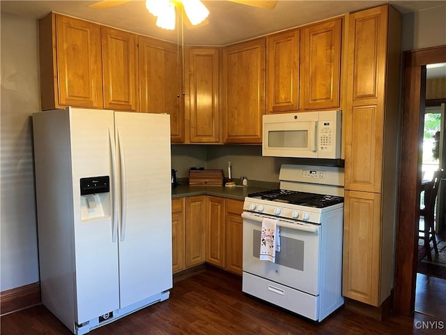 106 Mackay Ave, Camillus, NY 13219 - kitchen with white appliances, dark wood-style floors, a ceiling fan, dark countertops, and brown cabinets