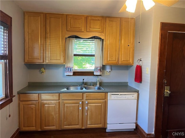 106 Mackay Ave, Camillus, NY 13219 - kitchen featuring dishwasher, ceiling fan, dark wood-type flooring, and dark countertops