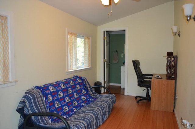 106 Mackay Ave, Camillus, NY 13219 - office area featuring wood finished floors, vaulted ceiling, and a ceiling fan