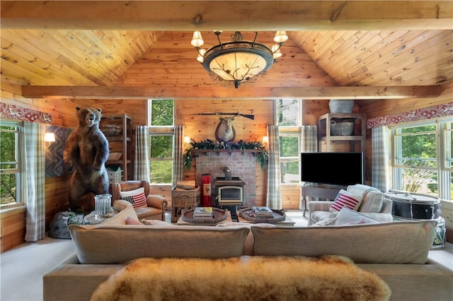 1677 Long Point Beach Rd, Torrey, NY 14527 - living area featuring wood walls, a wood stove, and wood ceiling