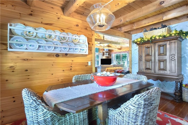1677 Long Point Beach Rd, Torrey, NY 14527 - dining area featuring a wooden ceiling with exposed beams, wood-type flooring, and wooden walls