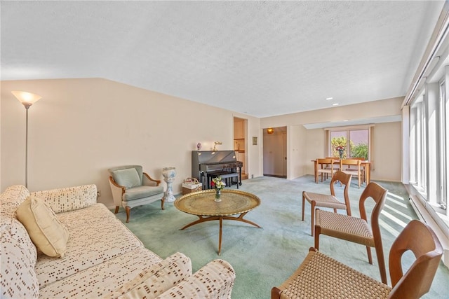 1077 Sharon Ct, Webster, NY 14580 - carpeted living area with a textured ceiling and vaulted ceiling