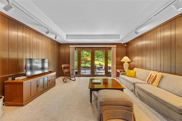 1077 Sharon Ct, Webster, NY 14580 - living room featuring track lighting, light carpet, wooden walls, and a raised ceiling