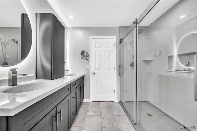 4584 Ridgeview Dr S, Pendleton, NY 14120 - bathroom featuring a stall shower, double vanity, and recessed lighting