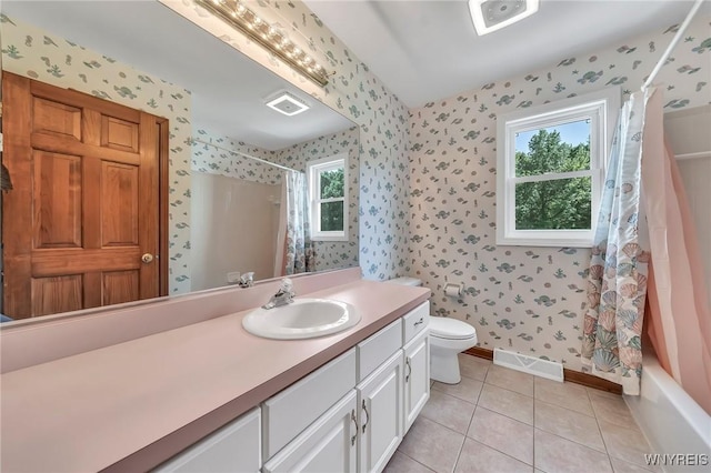 4584 Ridgeview Dr S, Pendleton, NY 14120 - bathroom featuring wallpapered walls, vanity, tile patterned floors, and shower / tub combo with curtain