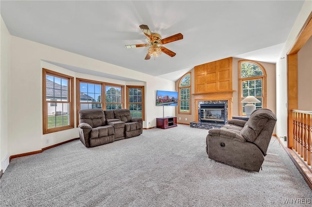 4584 Ridgeview Dr S, Pendleton, NY 14120 - living room featuring carpet floors, a ceiling fan, a premium fireplace, and vaulted ceiling