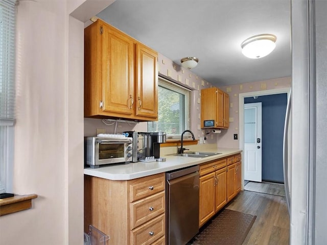 746 Dewitt Rd, Webster, NY 14580 - kitchen featuring stainless steel dishwasher, refrigerator, light countertops, and dark wood-type flooring