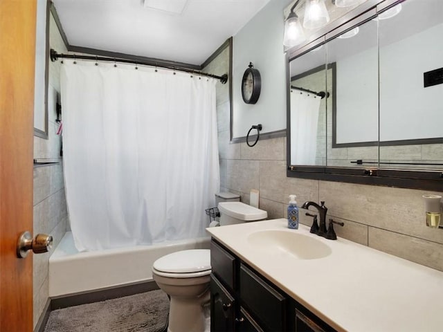 746 Dewitt Rd, Webster, NY 14580 - bathroom with tile walls, vanity, shower / tub combo, and tasteful backsplash
