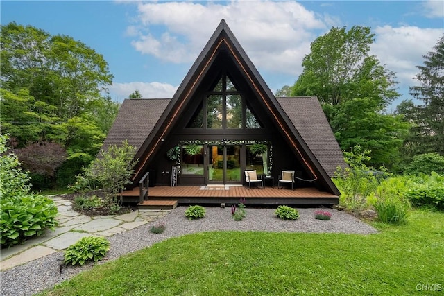 6139 Commane Rd, Lafayette, NY 13084 - rear view of house with a yard, a deck, a shingled roof, and french doors