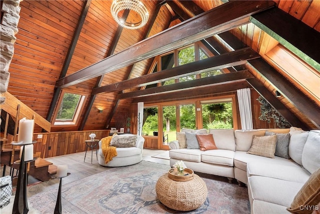 6139 Commane Rd, Lafayette, NY 13084 - living area featuring wooden walls, wood finished floors, and wooden ceiling