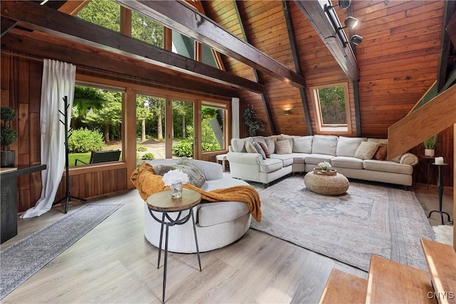 6139 Commane Rd, Lafayette, NY 13084 - living room featuring wooden walls, wood ceiling, and wood finished floors