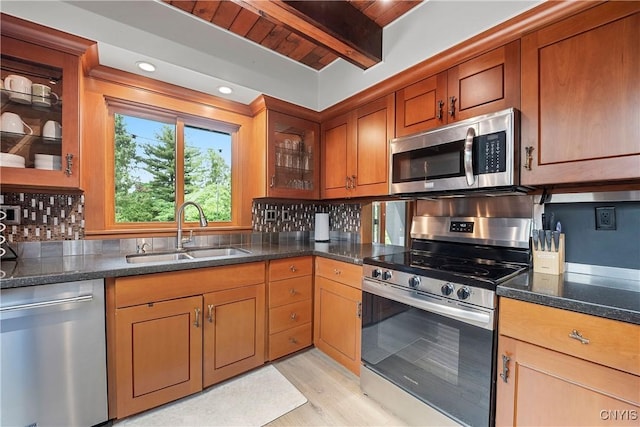 6139 Commane Rd, Lafayette, NY 13084 - kitchen featuring appliances with stainless steel finishes, a wooden ceiling with exposed beams, backsplash, glass insert cabinets, and dark stone countertops
