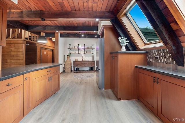 6139 Commane Rd, Lafayette, NY 13084 - bar featuring a wood ceiling with exposed beams, light wood-type flooring, high quality fridge, pendant lighting, and backsplash