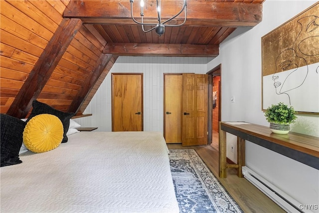 6139 Commane Rd, Lafayette, NY 13084 - bedroom with a wooden ceiling with exposed beams, baseboard heating, wood finished floors, a chandelier, and wooden walls