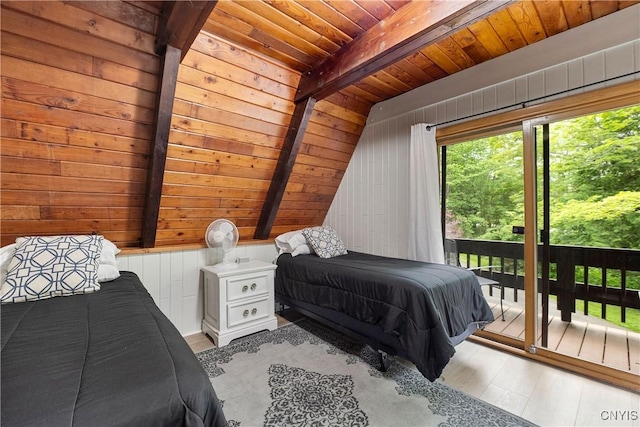 6139 Commane Rd, Lafayette, NY 13084 - bedroom featuring wooden ceiling, access to outside, wood finished floors, and wooden walls