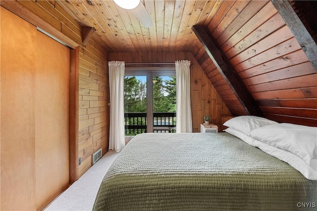 6139 Commane Rd, Lafayette, NY 13084 - bedroom with wooden ceiling, access to outside, carpet flooring, vaulted ceiling, and wooden walls