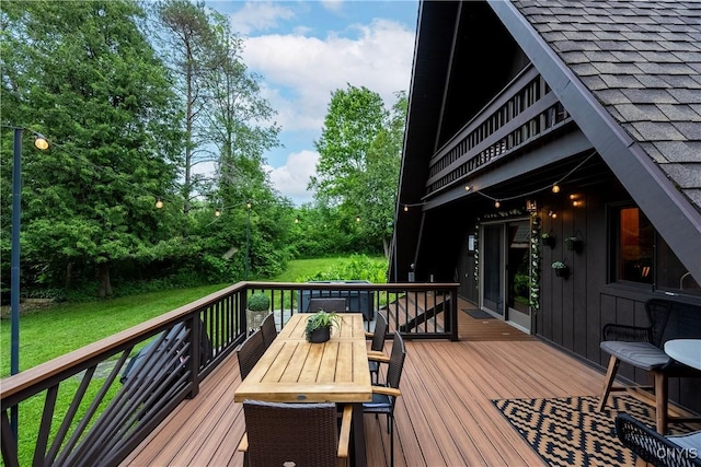 6139 Commane Rd, Lafayette, NY 13084 - wooden terrace featuring outdoor dining space and a yard