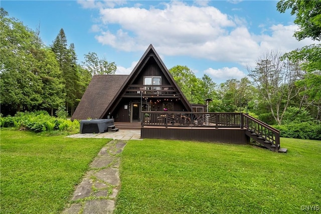 6139 Commane Rd, Lafayette, NY 13084 - back of property featuring a wooden deck, a yard, and stairs