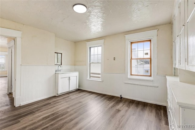 76 Chester St, Buffalo, NY 14208 - unfurnished dining area with wood finished floors, wainscoting, and a textured ceiling
