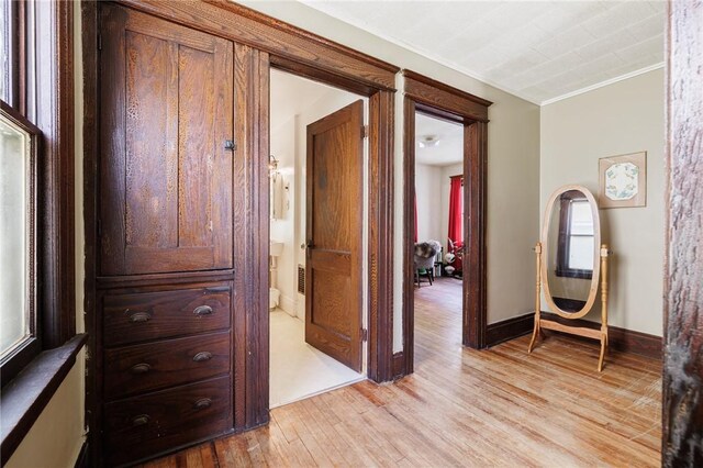 36.5 Austin St, Rochester, NY 14606 - hallway featuring light wood-style floors and ornamental molding