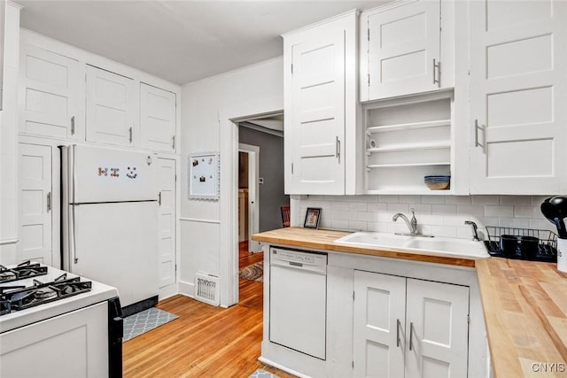 301 Arlington Ave Unit 3, Syracuse, NY 13207 - kitchen with wood counters, white appliances, backsplash, light wood finished floors, and white cabinetry