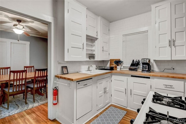 301 Arlington Ave Unit 3, Syracuse, NY 13207 - kitchen with butcher block countertops, white dishwasher, a ceiling fan, light wood-style flooring, and white cabinetry