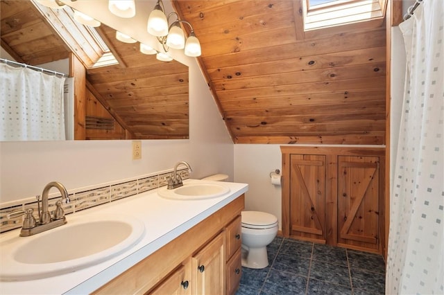 6094 State Route 21, South Bristol, NY 14512 - bathroom with double vanity, lofted ceiling, a skylight, wooden ceiling, and a shower with shower curtain