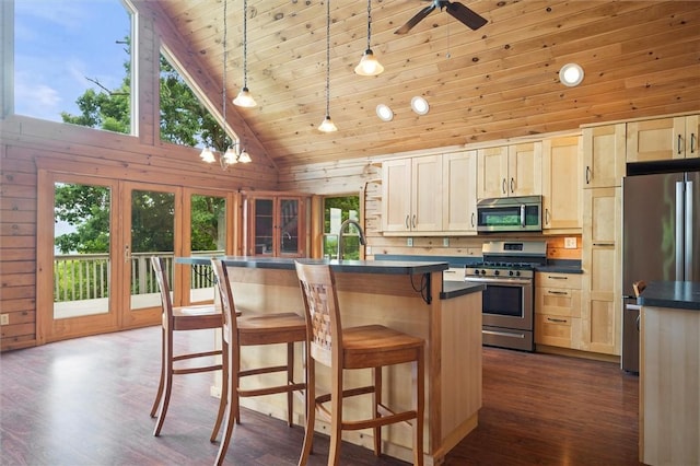 6094 State Route 21, South Bristol, NY 14512 - kitchen featuring appliances with stainless steel finishes, dark countertops, wooden ceiling, high vaulted ceiling, and dark wood-style flooring