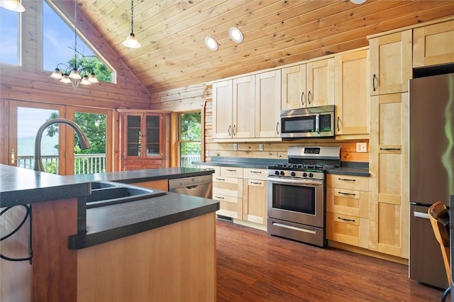 6094 State Route 21, South Bristol, NY 14512 - kitchen with stainless steel appliances, dark countertops, wood ceiling, light brown cabinets, and dark wood-style floors