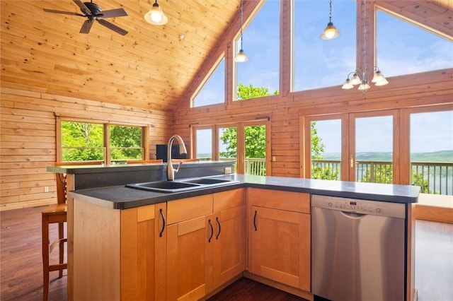 6094 State Route 21, South Bristol, NY 14512 - kitchen featuring stainless steel dishwasher, wooden walls, high vaulted ceiling, dark wood-style floors, and plenty of natural light
