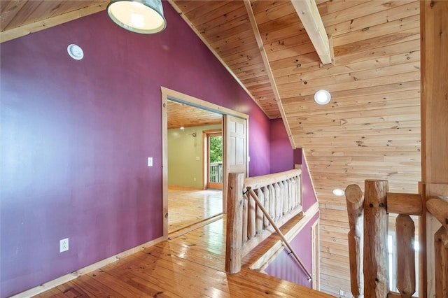 6094 State Route 21, South Bristol, NY 14512 - corridor featuring an upstairs landing, a wood ceiling with exposed beams, wood-type flooring, and high vaulted ceiling