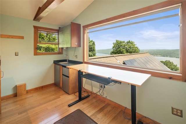 6094 State Route 21, South Bristol, NY 14512 - kitchen with light wood-style flooring, vaulted ceiling, and a water view