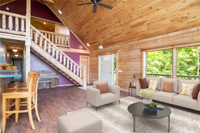 6094 State Route 21, South Bristol, NY 14512 - living area featuring stairway, ceiling fan, wood finished floors, wood ceiling, and high vaulted ceiling