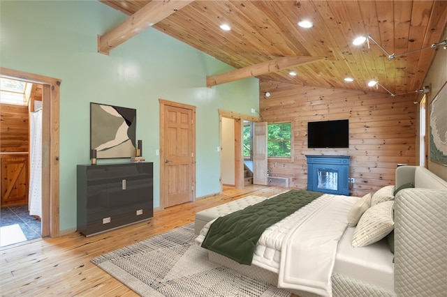 6094 State Route 21, South Bristol, NY 14512 - bedroom featuring wooden ceiling, light wood finished floors, recessed lighting, high vaulted ceiling, and a glass covered fireplace