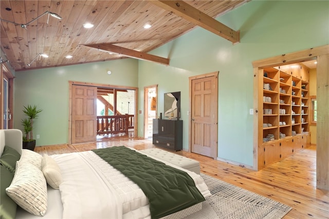 6094 State Route 21, South Bristol, NY 14512 - bedroom featuring wood finished floors, high vaulted ceiling, a wooden ceiling with exposed beams, and recessed lighting