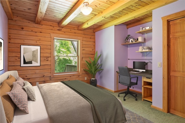 6094 State Route 21, South Bristol, NY 14512 - carpeted bedroom featuring a wood ceiling with exposed beams, a desk, and wooden walls