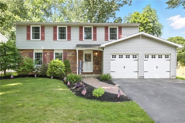 208 Single Dr, Clay, NY 13212 - view of front facade featuring asphalt driveway, an attached garage, a front lawn, and brick siding