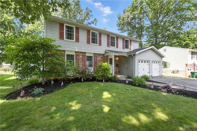 208 Single Dr, Clay, NY 13212 - view of front facade featuring a garage, asphalt driveway, a front lawn, and brick siding