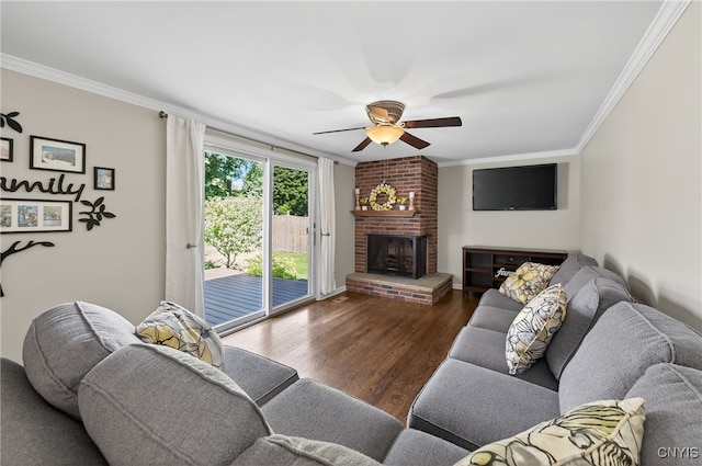 208 Single Dr, Clay, NY 13212 - living area featuring ornamental molding, a ceiling fan, wood finished floors, and a fireplace